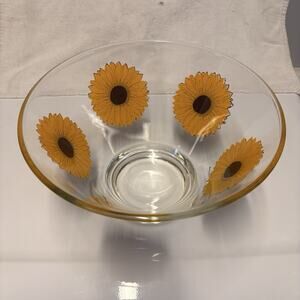 MCM Pasinski Glass Sunflower Serving Bowl & Rattan Holder Signed 10 Inch Vintage